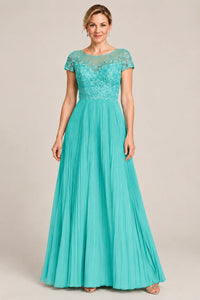Embroidered Lace Pleated Mother of the Bride Dress
