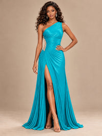 Burgundy One Shoulder Ruched Prom Dress with High Slit & Beaded Waist
