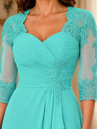 Chiffon Lace Applique Mother of the Bride Dress with 3/4 Sleeves