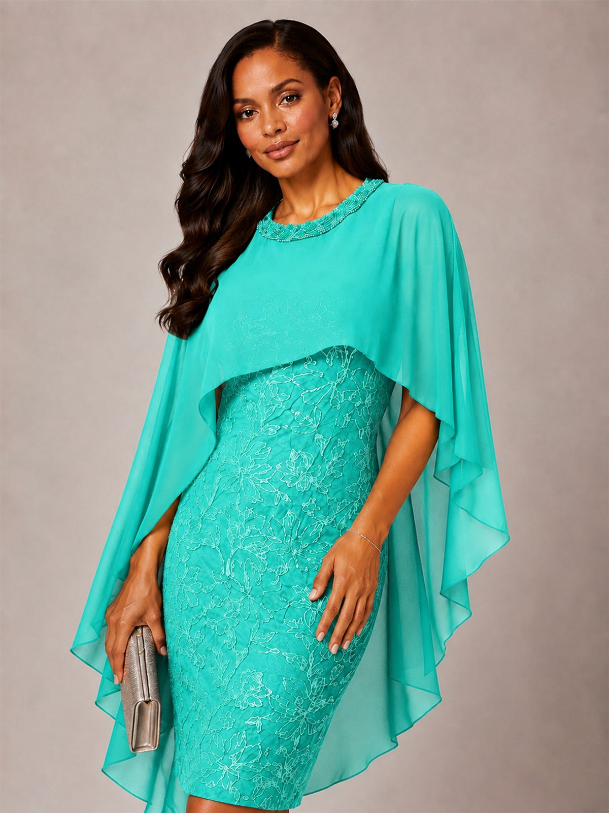 Floral Sheath Mother of the Bride Dress with Cape Overlay