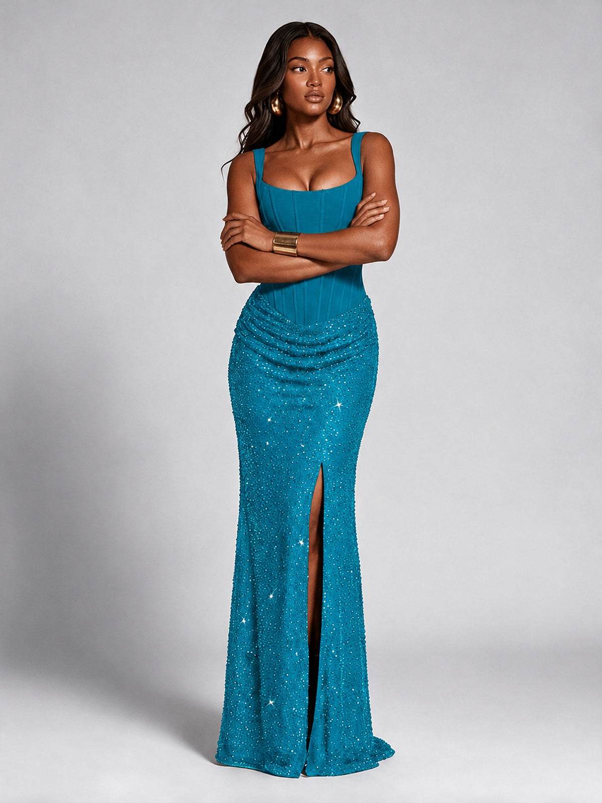 Sequin Corset Mermaid Prom Dress with Square Neck Wide Strap High Slit