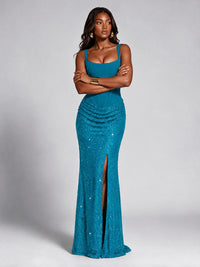 Sequin Corset Mermaid Prom Dress with Square Neck Wide Strap High Slit