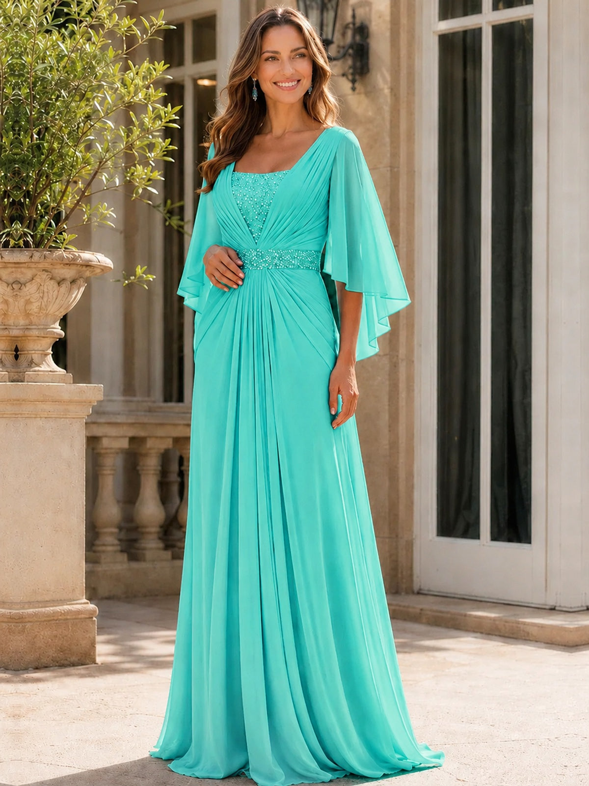 Elegant V-Neck Sequined Chiffon Mother of the Bride Dress with Flutter Sleeves