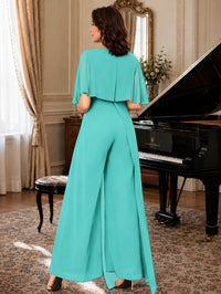 Chiffon Mother of the Bride Jumpsuit with Layered Cape Sleeves