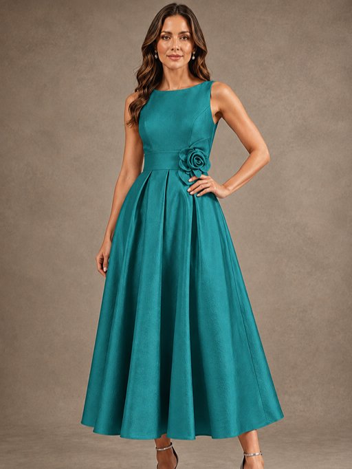 Tea-Length Satin Mother of the Bride Dress with 3D Flower Detail