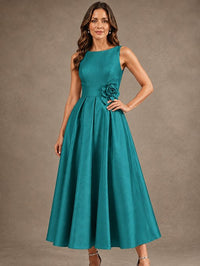 Tea-Length Satin Mother of the Bride Dress with 3D Flower Detail