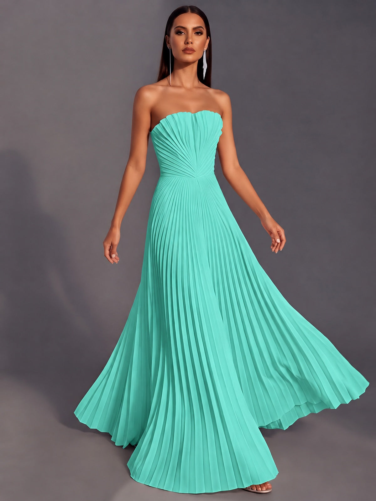 Strapless A-line Long Pleated Satin Prom Dress