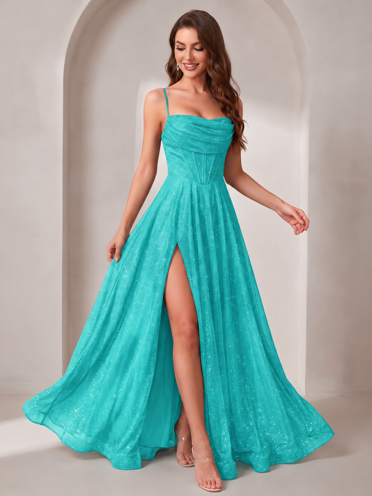 Sparkly Cowl Neck Corset Long Prom Dress with Slit A-line Tulle Ball Gown