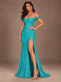Off the Shoulder Corset Sequin Mermaid Prom Dress with Slit