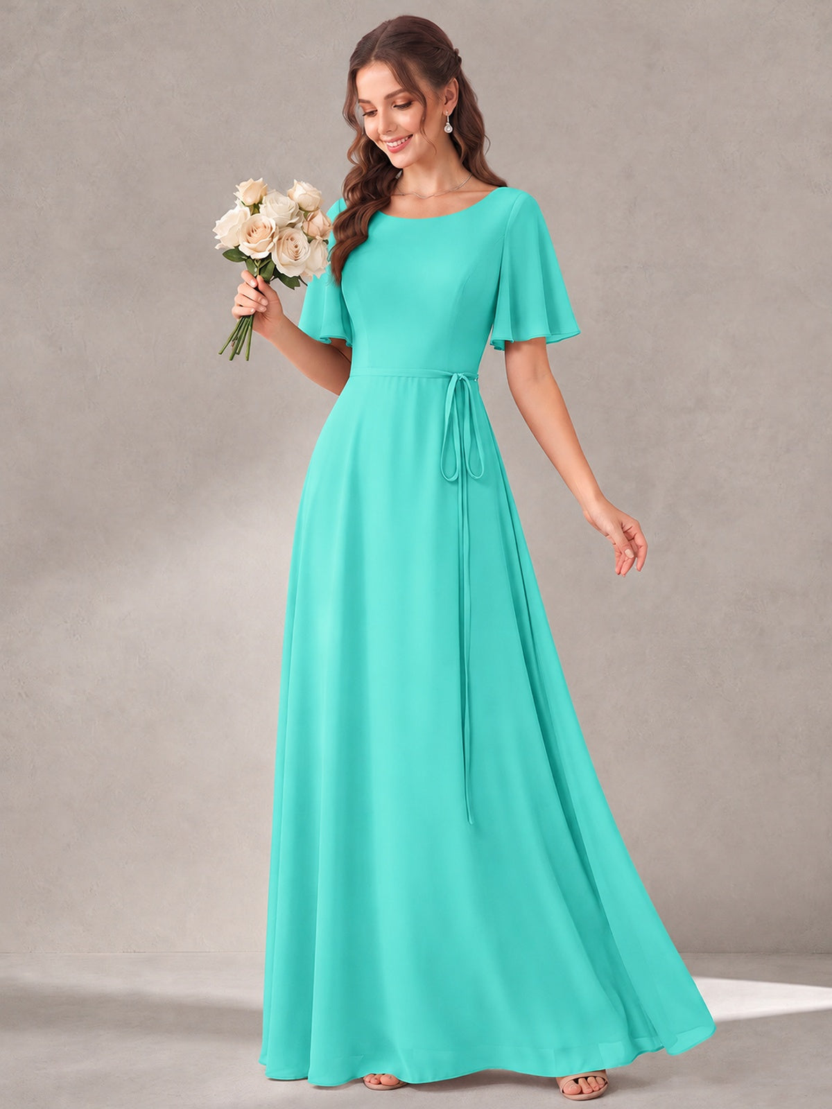 Scoop Neck A-line Chiffon Bridesmaid Dress with Flutter Sleeve & Belt