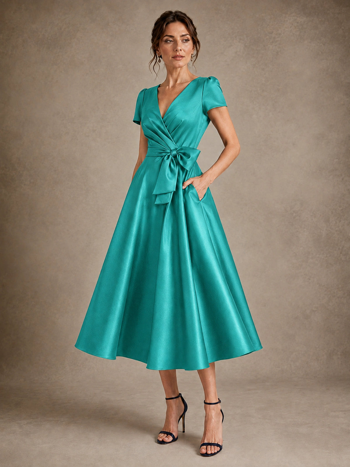 V-Neck Tea-Length Satin Mother of the Bride Dress with Bow