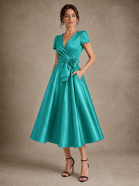 V-Neck Tea-Length Satin Mother of the Bride Dress with Bow