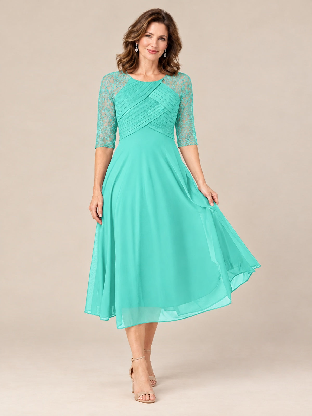 Tea-Length Mother of the Bride Dress with Lace 3/4 Sleeves