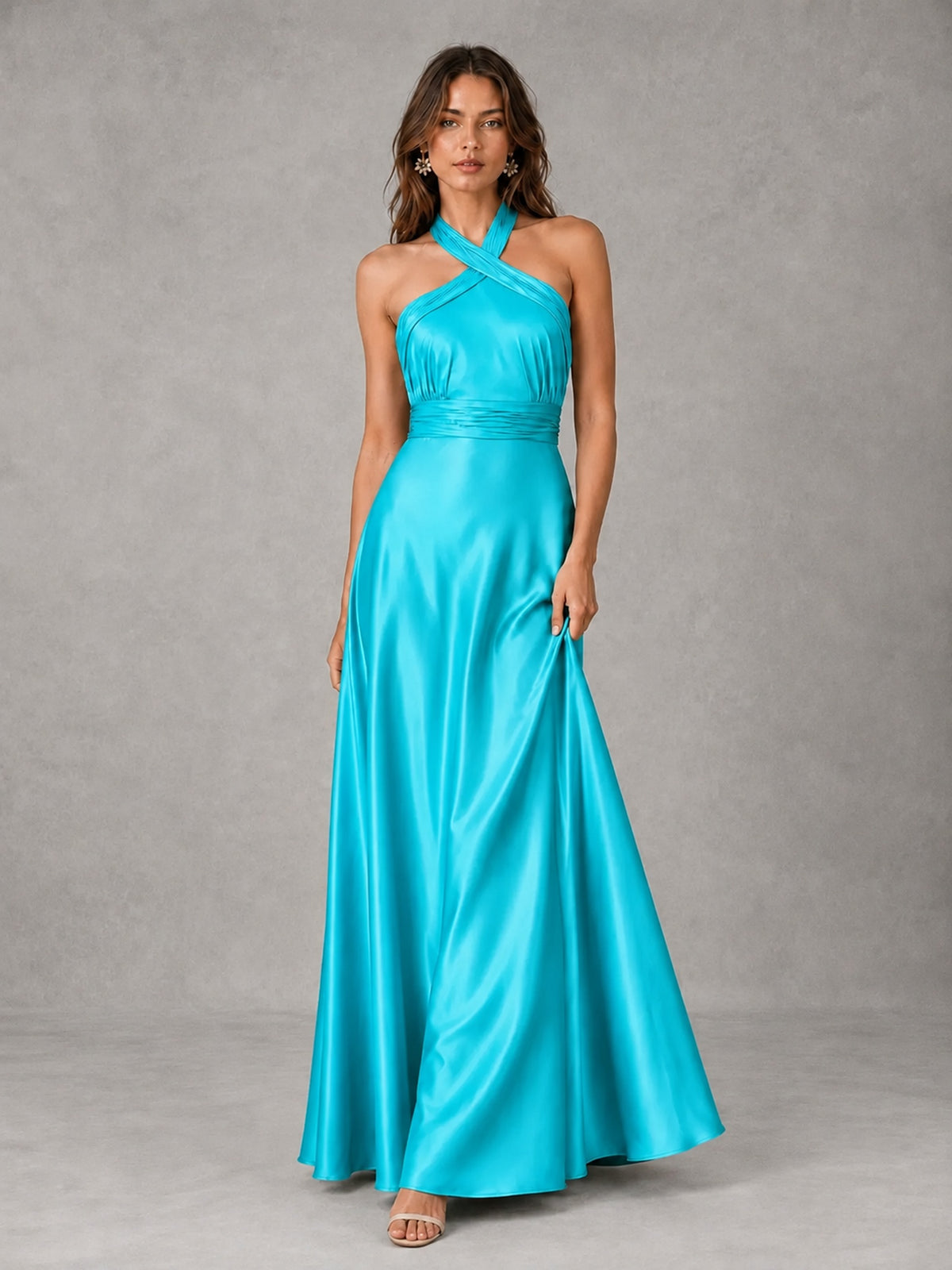 Sage Green Satin A-Line Bridesmaid Dress with Halter Neck