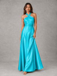 Sage Green Satin A-Line Bridesmaid Dress with Halter Neck