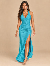 Halter V-Neck Sequin Mermaid Prom Dress with High Slit