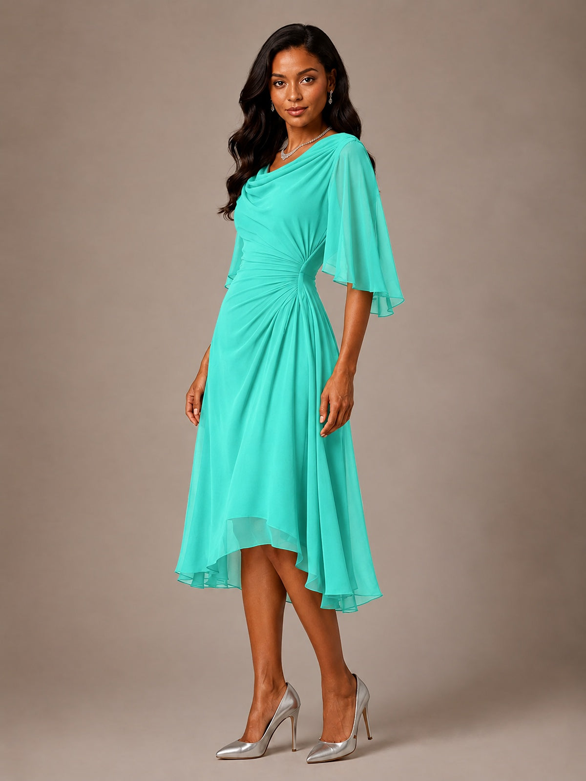Cowl Neck Ruched Chiffon Mother of the Bride Dresses with Flutter Sleeves