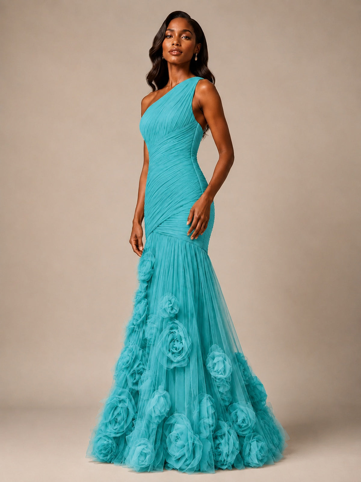 Blush Pink One Shoulder 3D Floral Mermaid Prom Dress