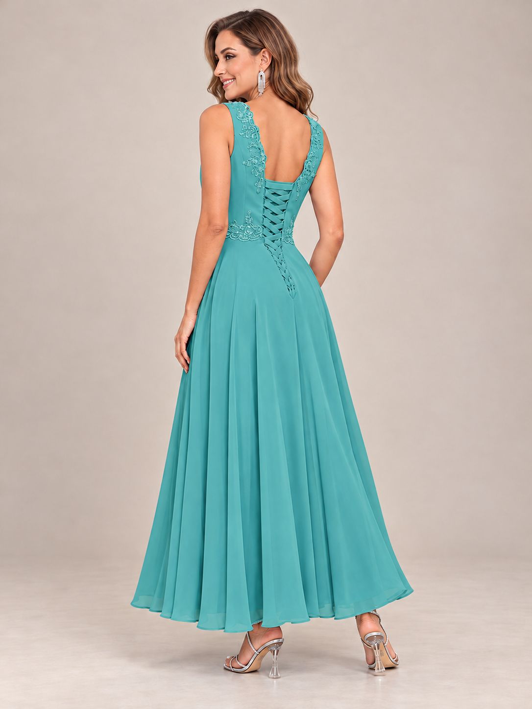 Dusty Blue Floral Lace Chiffon Mother of the Bride Dress with Jacket