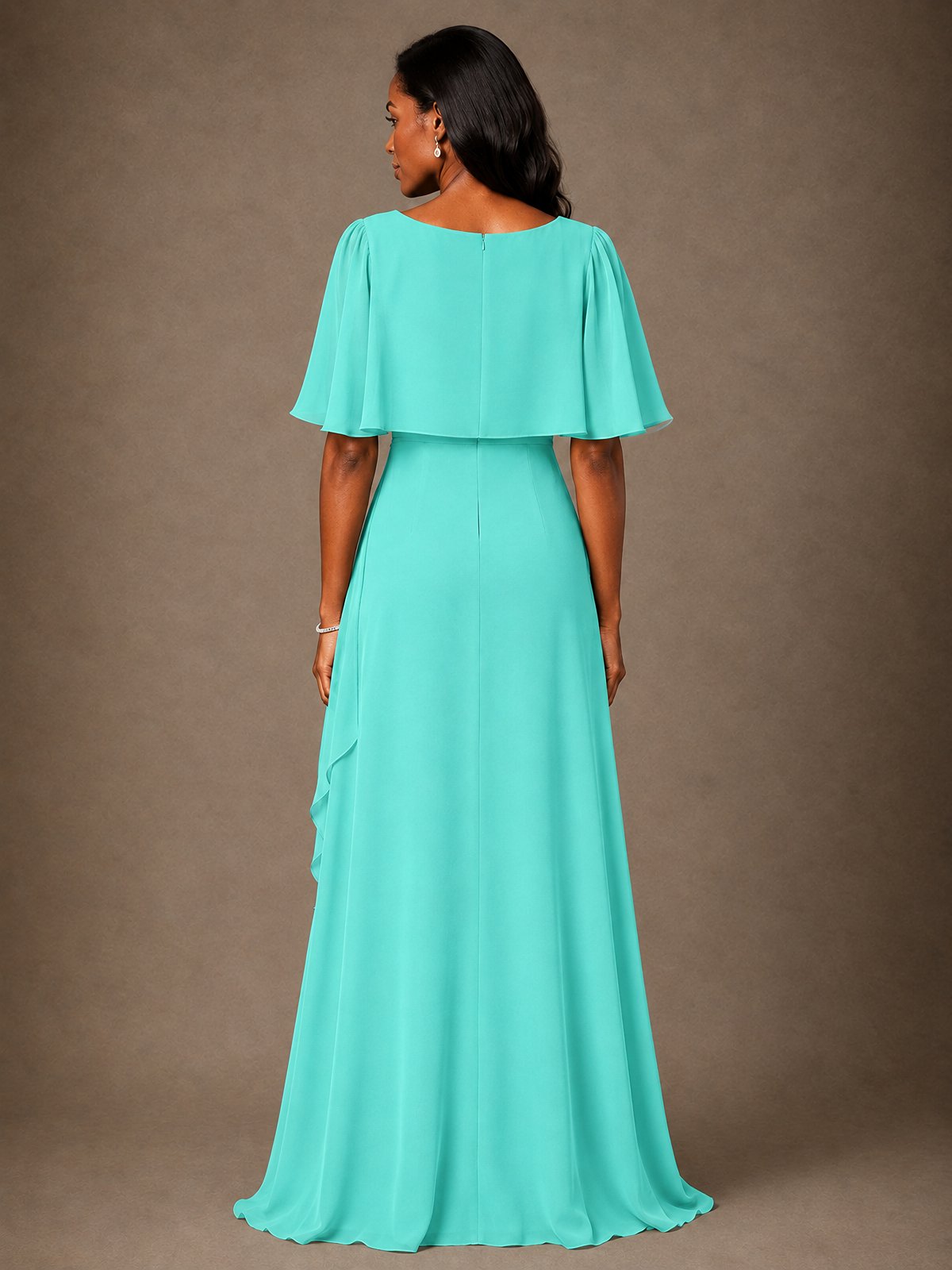 Taupe Chiffon A-Line Mother of the Bride Dress with Cape Sleeves
