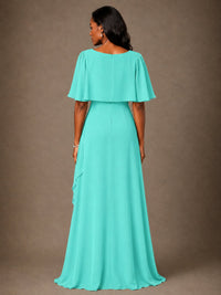 Taupe Chiffon A-Line Mother of the Bride Dress with Cape Sleeves