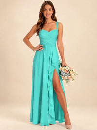 Spaghetti Straps Pleated Chiffon Bridesmaid Dress with Ruffle Slit