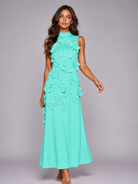 3D Floral Applique High Neck Prom Maxi Dress