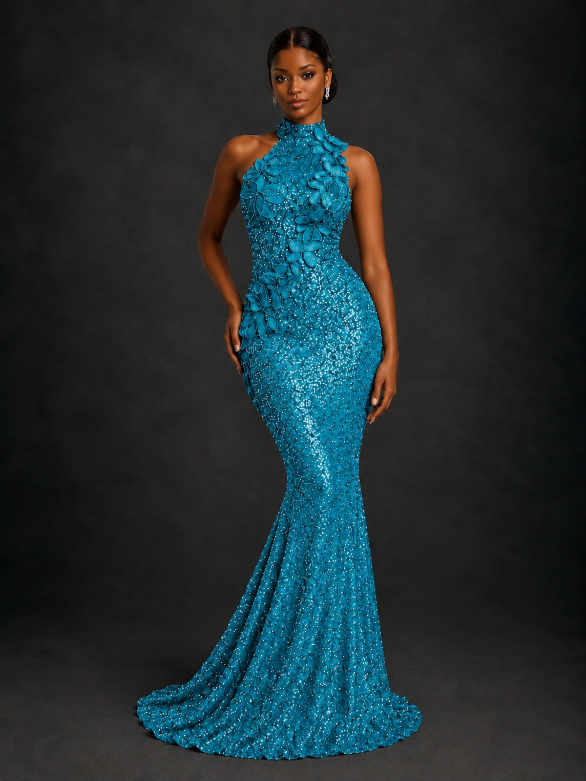 Sparkly Sequin High Neck Mermaid Prom Dress