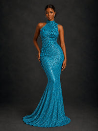 Sparkly Sequin High Neck Mermaid Prom Dress