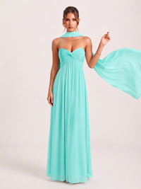 Strapless Ruched Chiffon Long Prom Dress with Scarf
