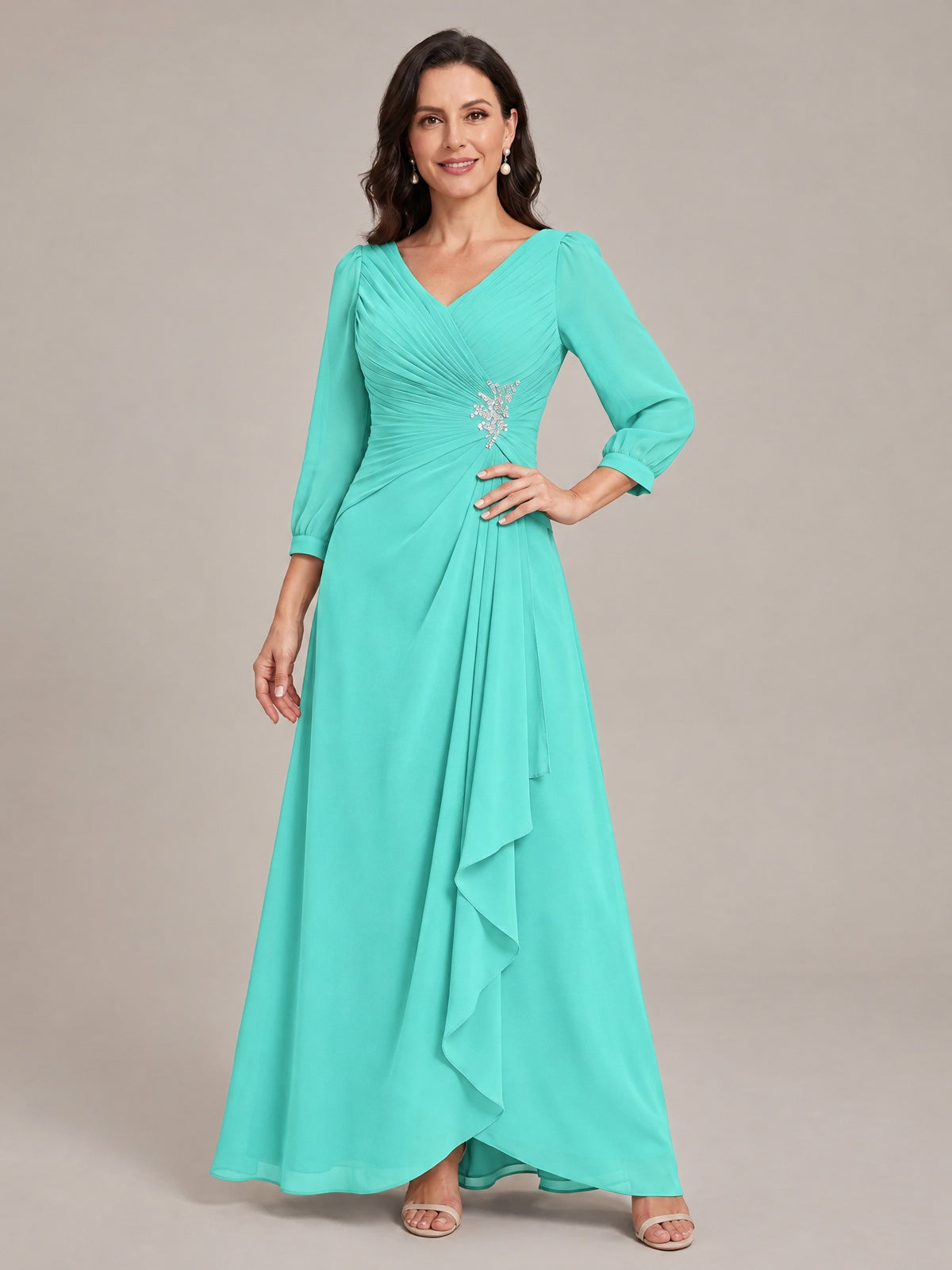 V-Neck Pleated Chiffon Mother of the Bride Dress with Flutter Sleeves