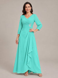 V-Neck Pleated Chiffon Mother of the Bride Dress with Flutter Sleeves