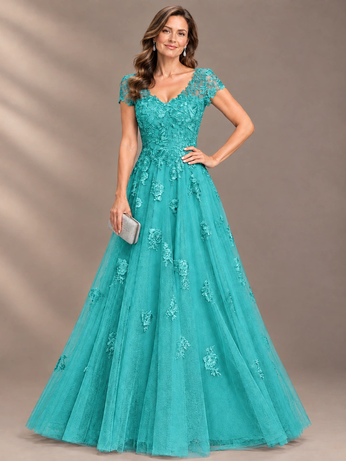 Lace Appliques A-line Mother of The Bride Dresses with Short Sleeves