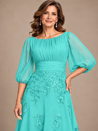 A-Line Mother of the Bride Dress with Sheer Puff Sleeves