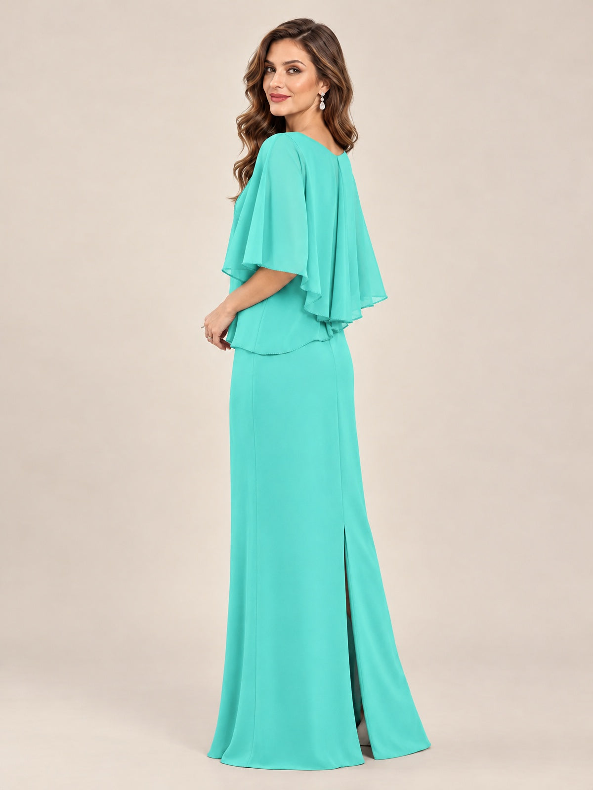 Cape Sleeve Mother of the Bride Dress with Asymmetrical Overlay