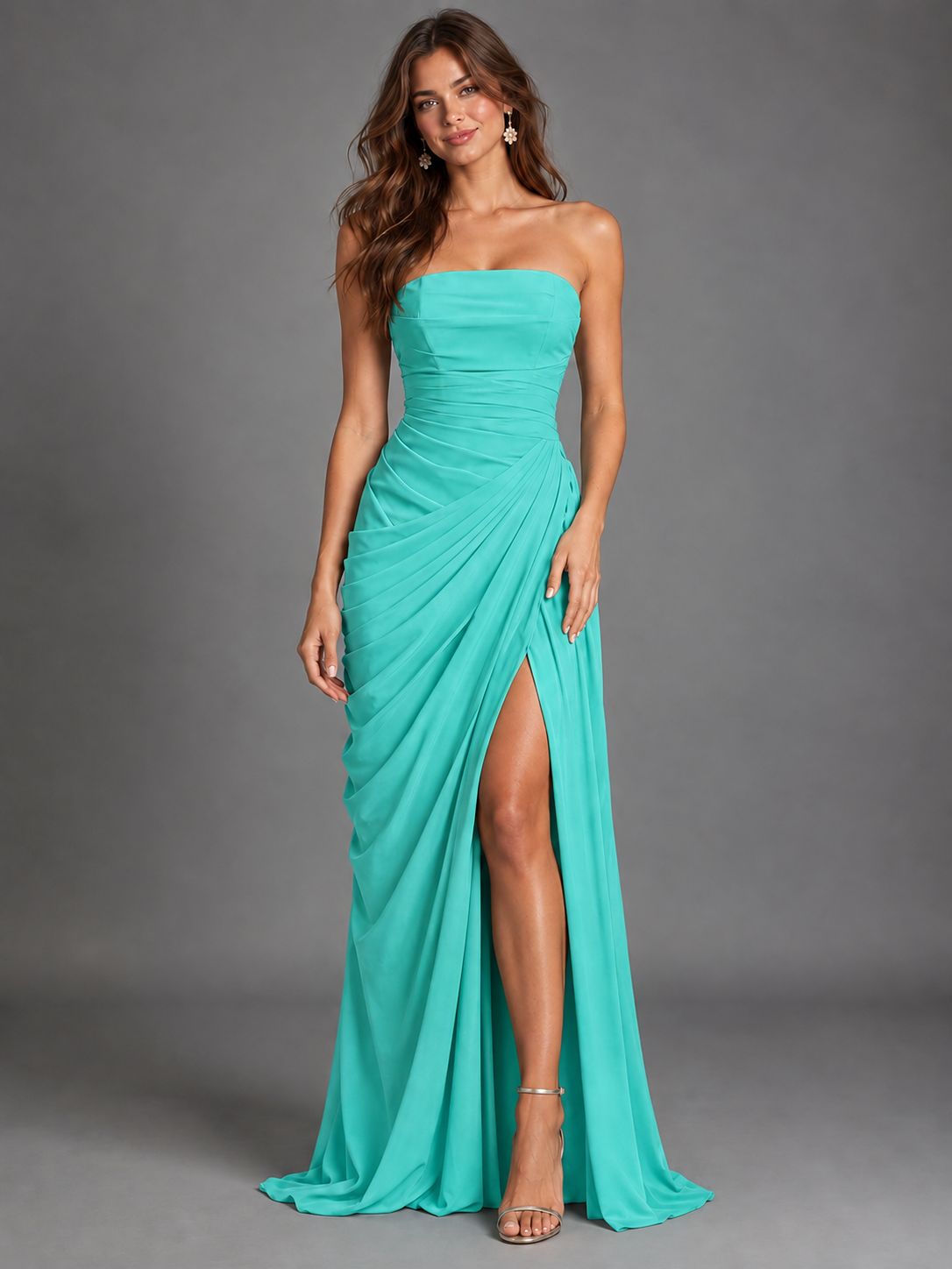 Strapless Bodycon Pleated Chiffon Formal Dress with Slit