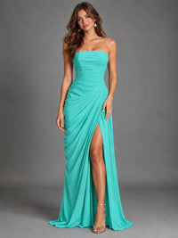 Strapless Bodycon Pleated Chiffon Formal Dress with Slit