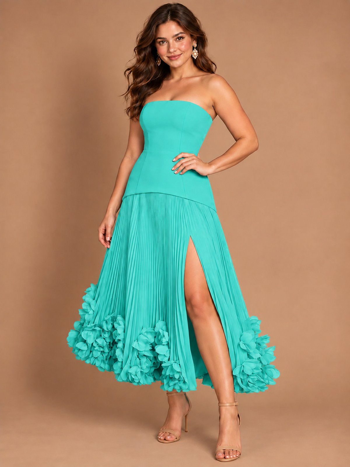 Navy Blue Strapless Pleated A-Line Midi Dress with 3D Floral Applique