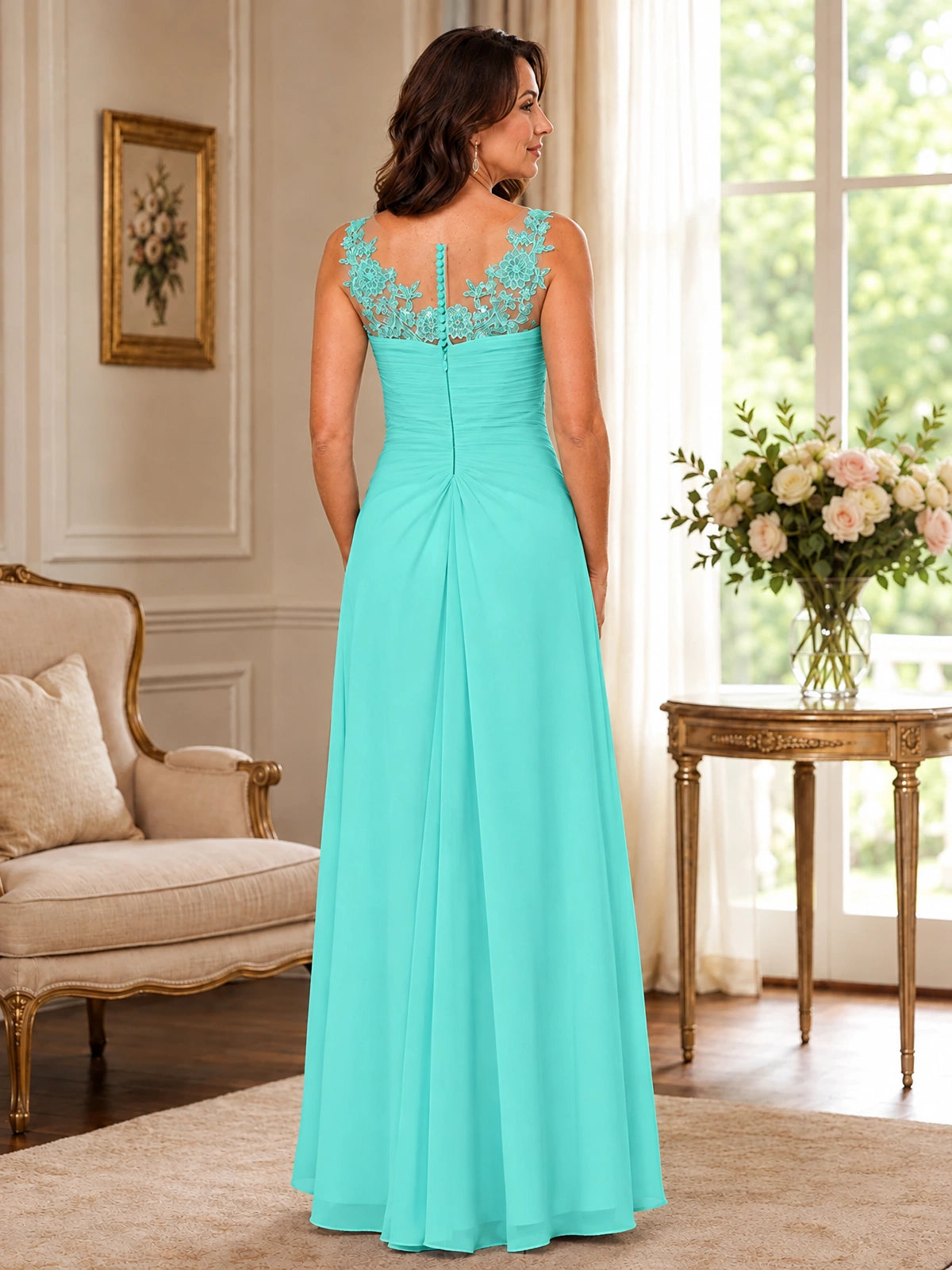 Elegant Chiffon Mother of the Bride Dress with Lace Applique and Cape Sleeves