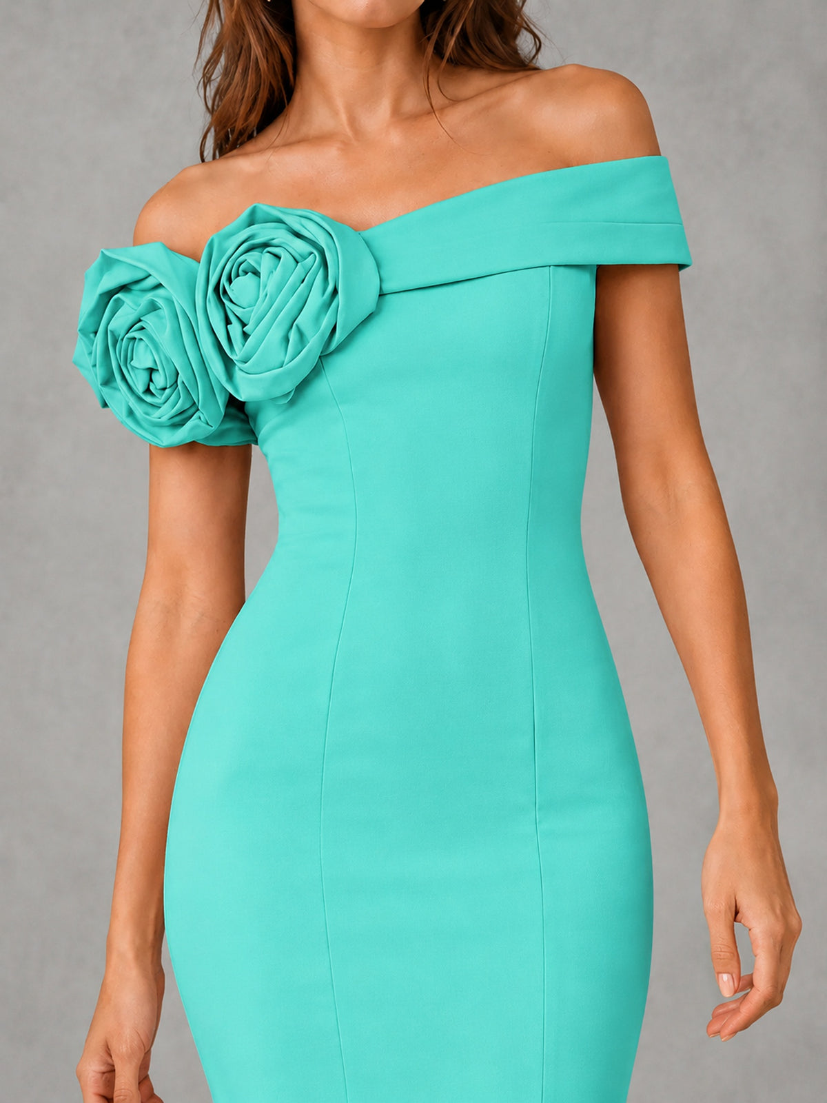 Blush Pink Off Shoulder Mermaid Bridesmaid Dress with Floral Rosette