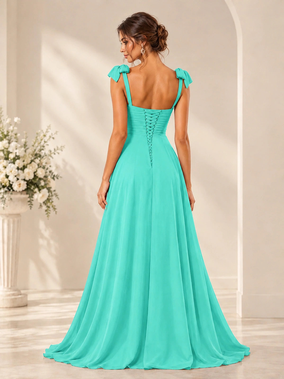 Ruffle Slit Chiffon A Line Scoop Neck Bridesmaid Dresses with Pockets
