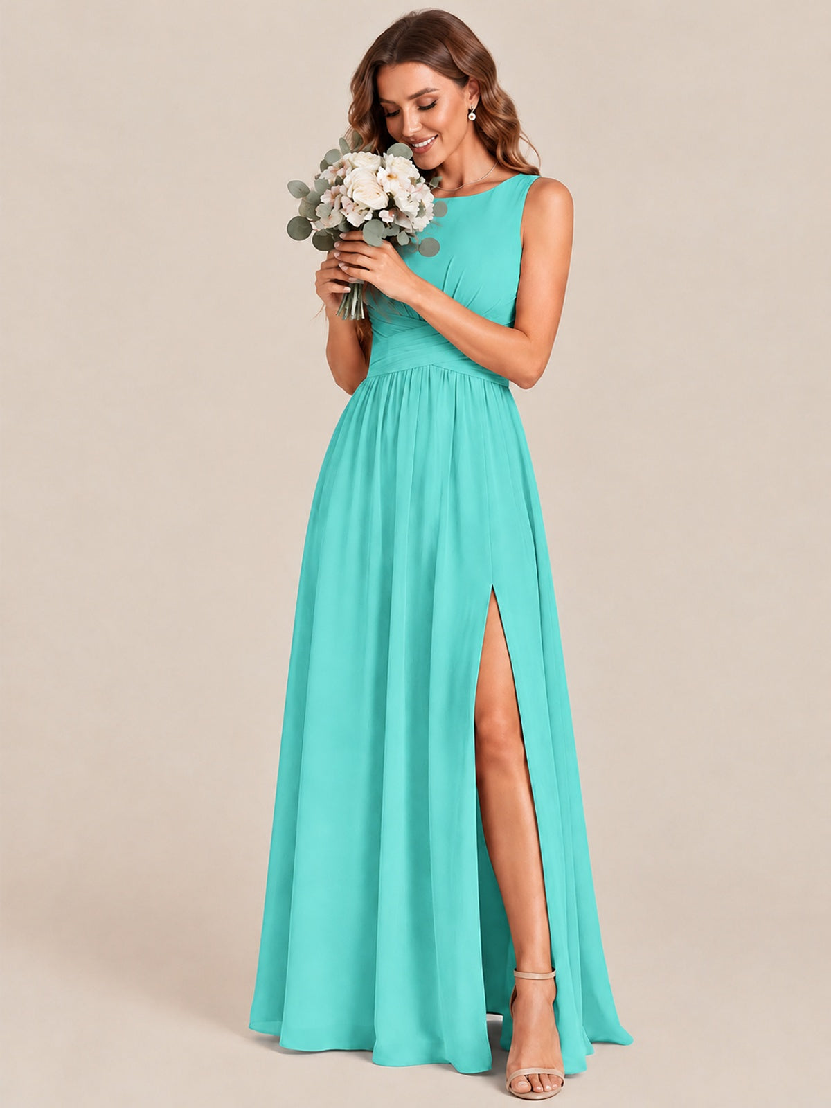 A-line Sleeveless Rucehd Chiffon Bridesmaid Dress with High Slit