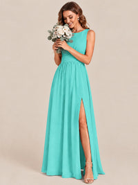 A-line Sleeveless Rucehd Chiffon Bridesmaid Dress with High Slit