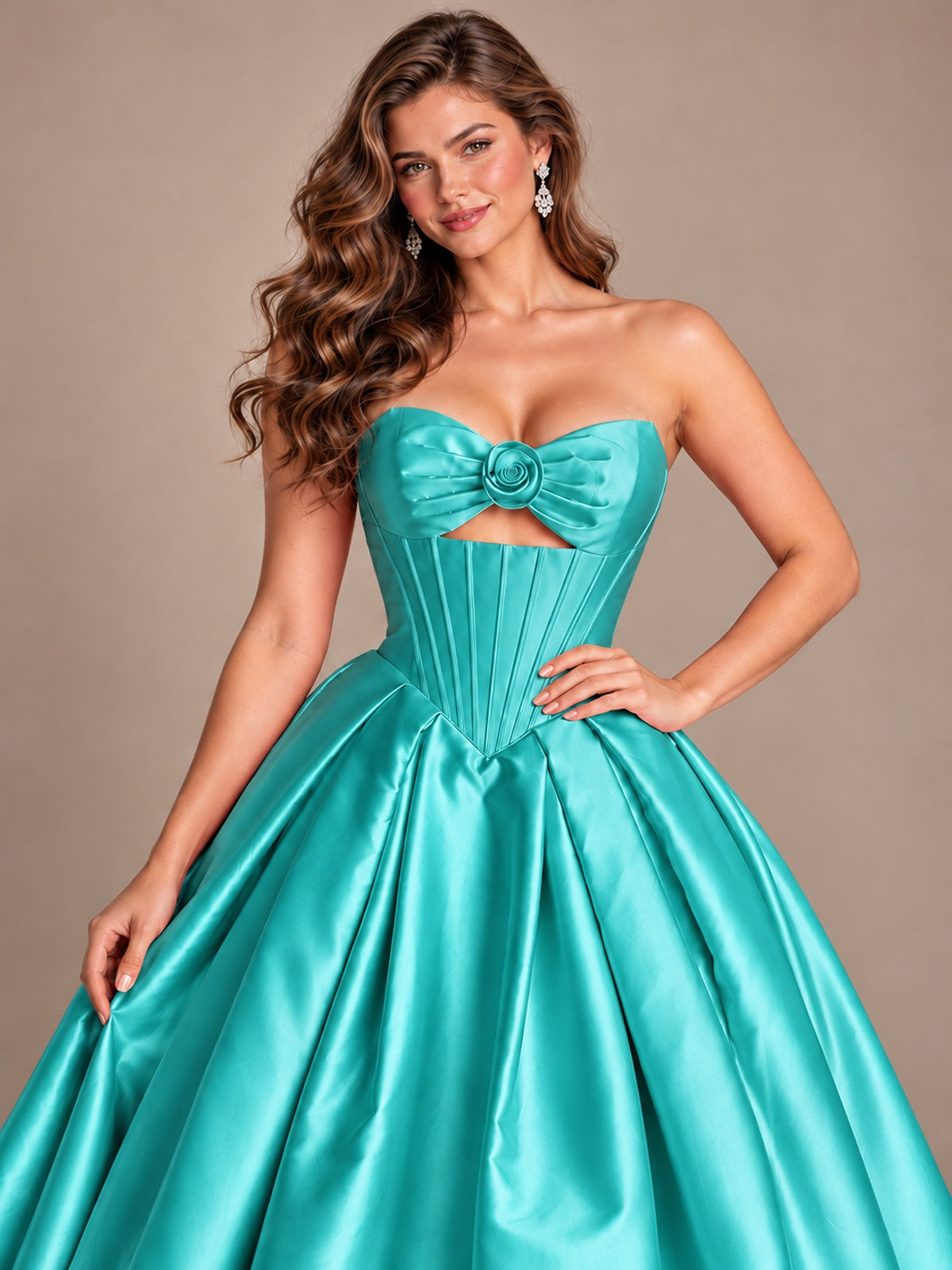 Pink Strapless Corset Satin Prom Derss & Ball Gown with 3D Floral