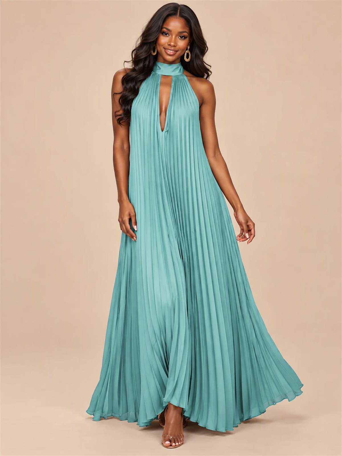 Rust Orange Pleated Halter Neck Maxi Dress
