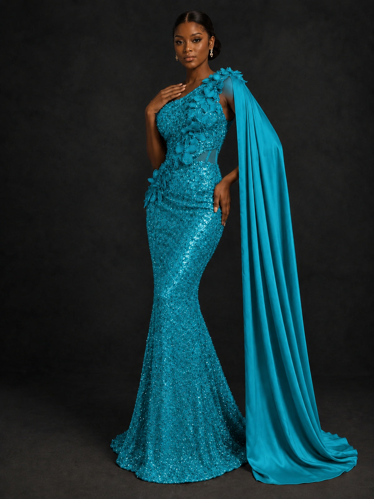 Gold Sequin One Shoulder Mermaid Prom Dress with Cape