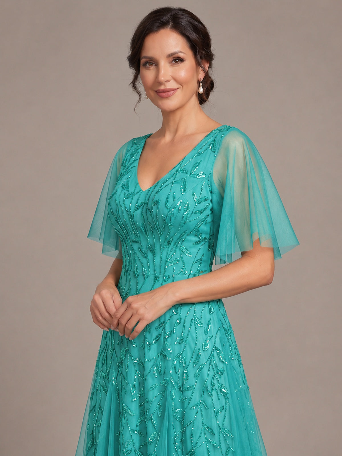 V-Neck Sequin Tulle Mother of the Bride Dress with Flutter Sleeve