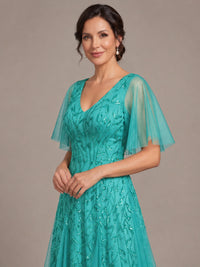 V-Neck Sequin Tulle Mother of the Bride Dress with Flutter Sleeve