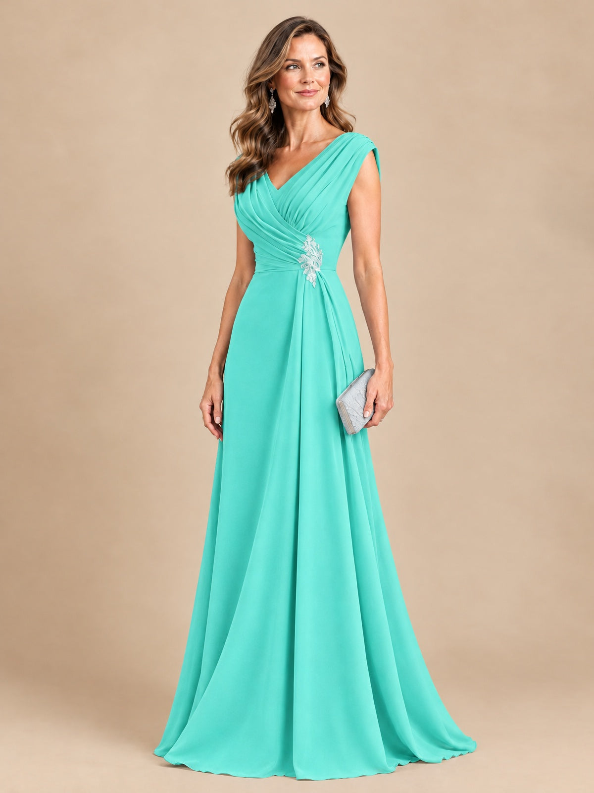 V Neck Pleated Mother of The Bride Dresses with Beading Cap Sleeves