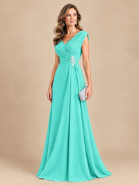 V Neck Pleated Mother of The Bride Dresses with Beading Cap Sleeves